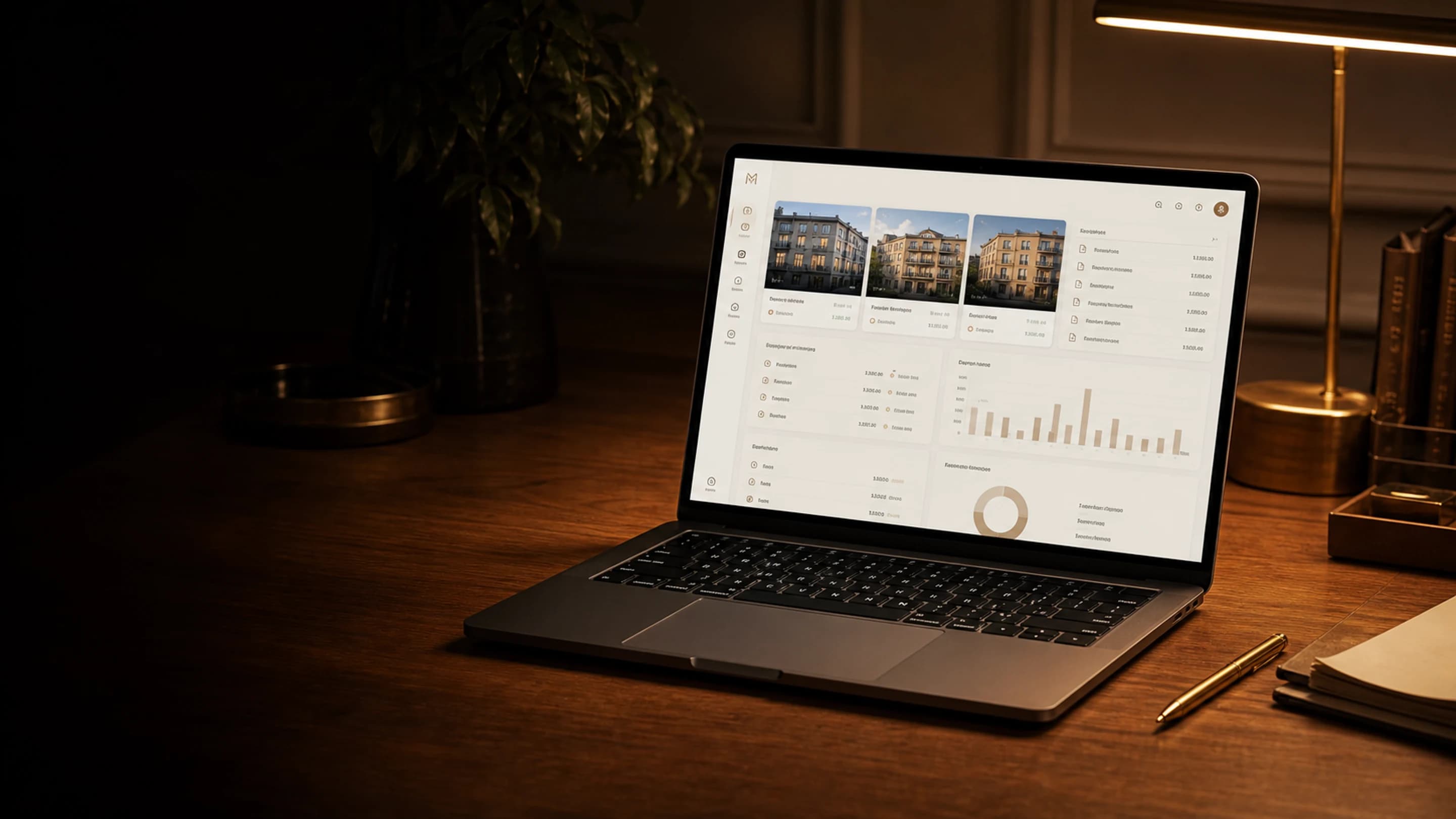 MacBook Pro auf einem warmen Walnussholz-Schreibtisch im goldenen Tungstenlicht, der Bildschirm zeigt das Immorium-Dashboard, der linke Bildbereich liegt im Schatten für Headline-Text