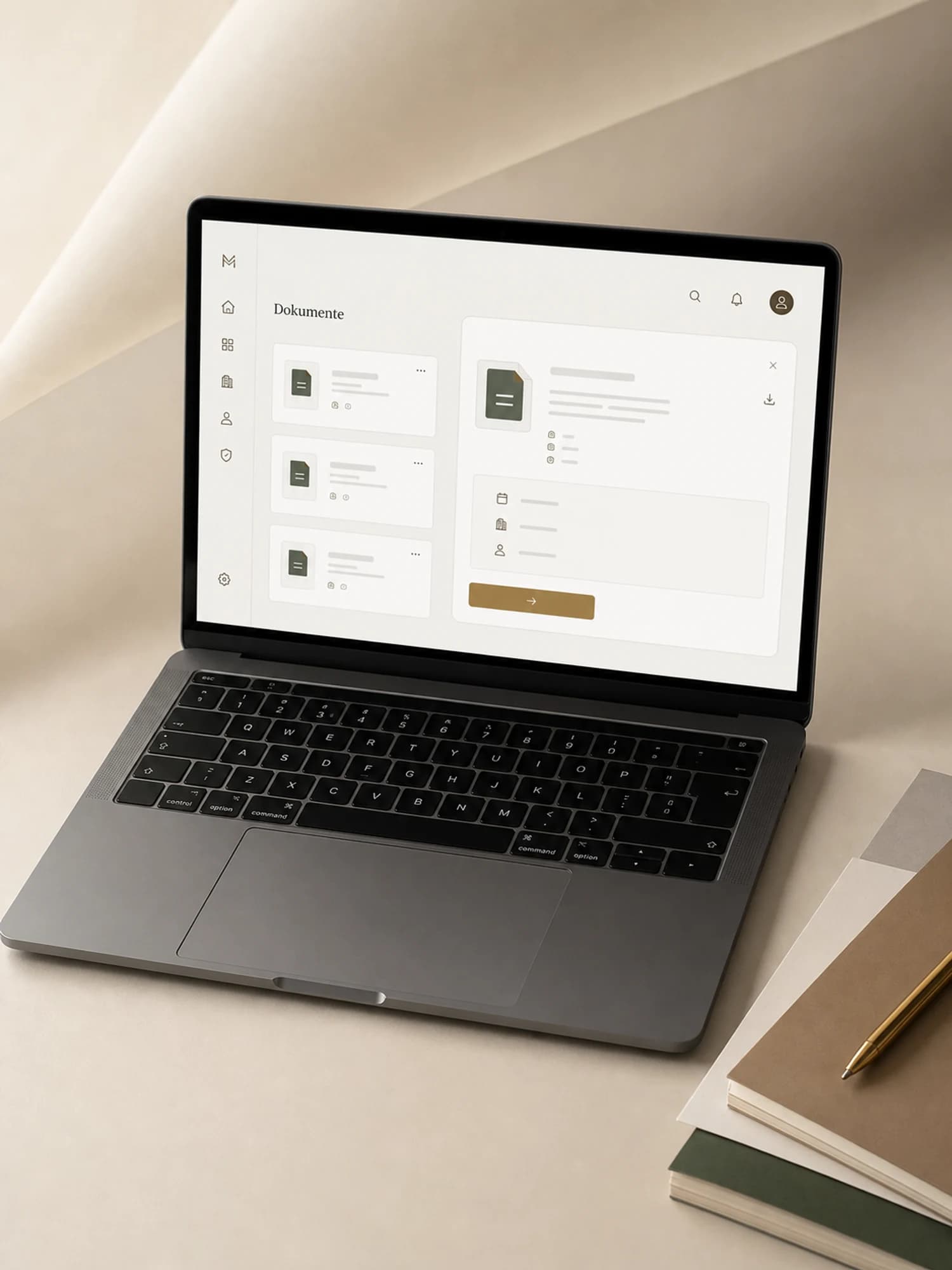 Aufgeklapptes MacBook auf cremefarbener Papieroberfläche zeigt die Immorium-Dokumentenverwaltung mit drei vertikal gestapelten Dokumenten-Karten und einem hervorgehobenen Detail-Panel