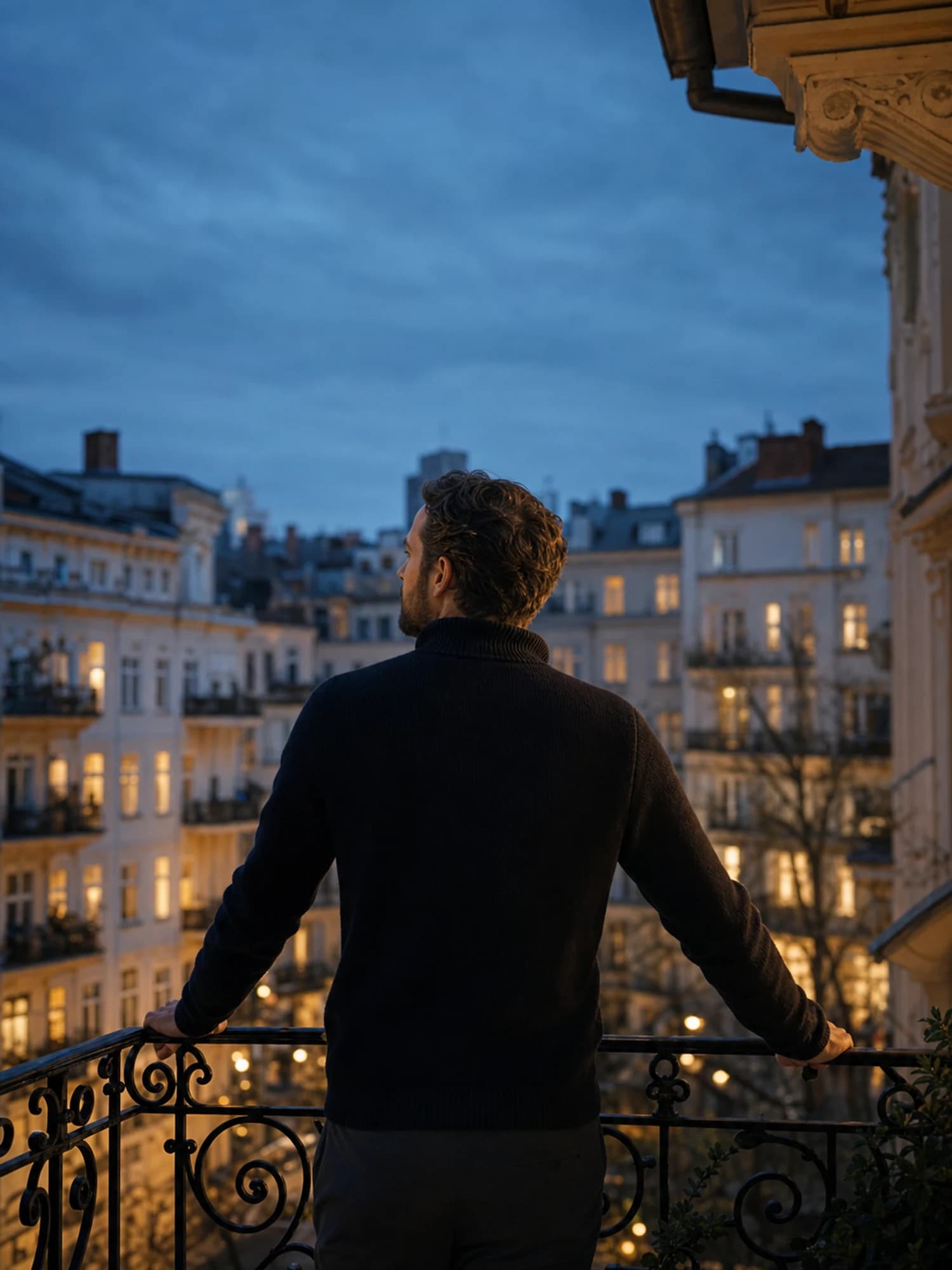 Eigentümer in dunklem Wollpullover auf einem Berliner Altbau-Balkon zur blauen Stunde, blickt über die Stadt mit Häuserzeilen im weichen Fokus, Hände ruhen am Eisengeländer